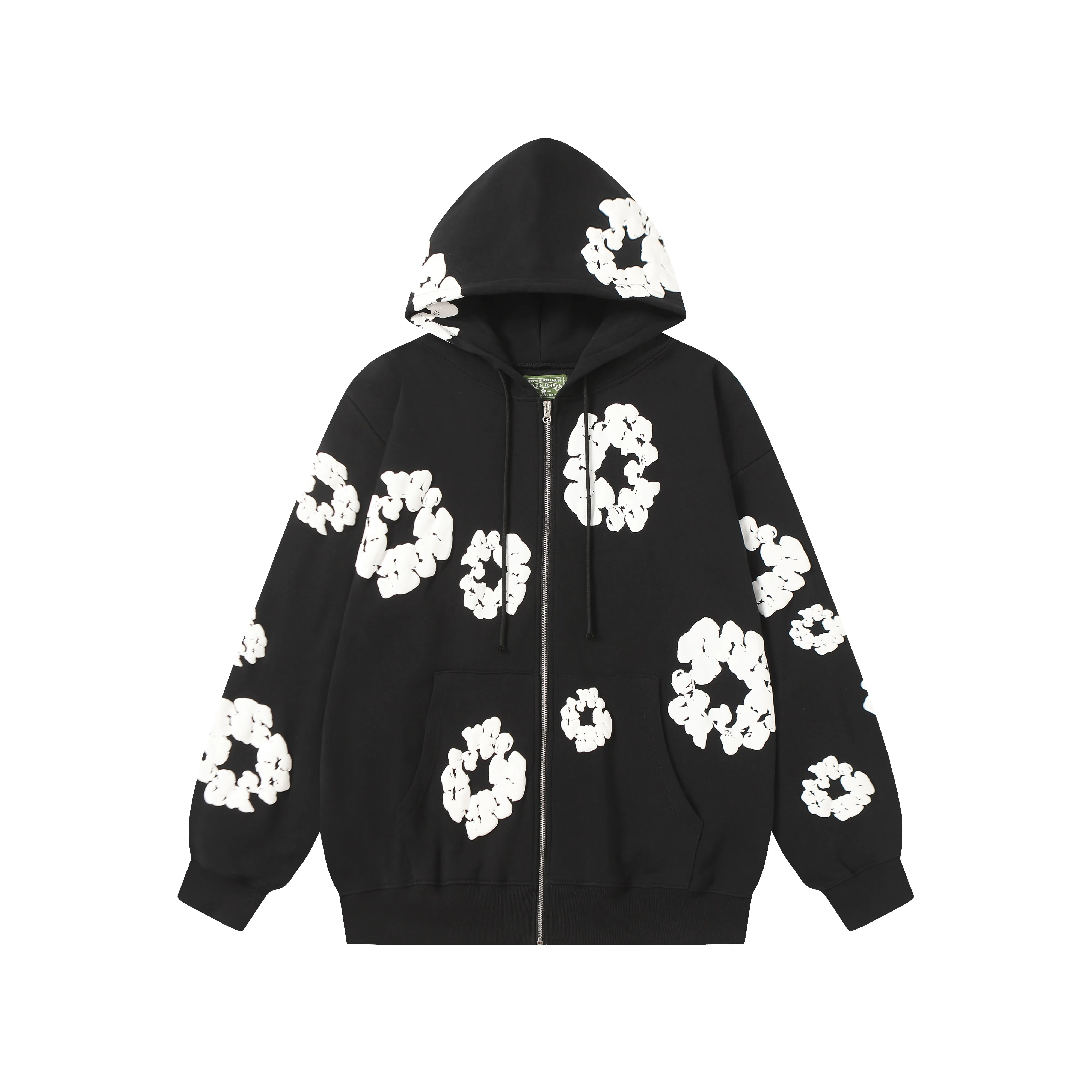 16 colors DENIM TEARS Kapok European and American trendy brand high-quality foam printed hooded sweatshirt jacket. Terry fabric weighs 380 grams. Threads are customized and dyed in the same color. Color Black Gray Blue Green Royal Blue Purple Red Orange Colorful Blue Pink White Sky Blue Brown Carbon Gray Black Gray White White Size S-XL